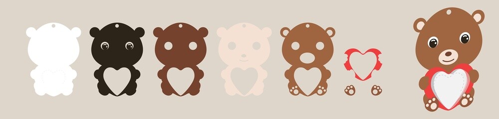 Cute bear candy ornament. Layered paper decoration treat holder for dome. Hanger for sweets, candy for birthday, baby shower, valentine days. Print, cut out, glue. Vector stock illustration