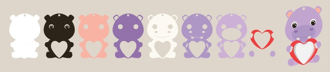 Cute hippo candy ornament. Layered paper decoration treat holder for dome. Hanger for sweets, candy for birthday, baby shower, valentine days. Print, cut out, glue. Vector stock illustration