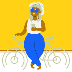 Body-positive girl in a hat with coffee and a bike. Vector flat illustration