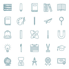 Best Collection of Education Icons with Outline Style Includes Ruler, Books, Bag, Pen, Pencil, Certificate, Globe. Perfect For Templates, Youtube Thumbnails, Instagram and Facebook Post, Marketing Ads