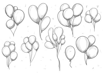Hand drawn birthday with balloons sketch set design
