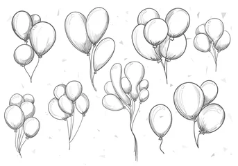 Fotobehang Hand drawn birthday with balloons sketch set design © Harryarts