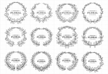 Doodle circular floral decorative frame set