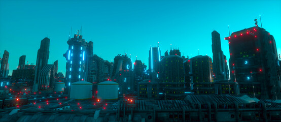 Neon futuristic city. Urban future. Blue neon evening in a city of a future with blue neon lights. Futuristic skyscrapers. Cyberpunk scene. 3D illustration.