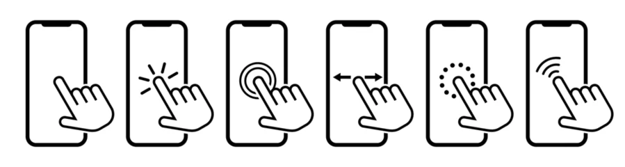 Poster Hand with finger click smartphone icons. Vector finger touches technology phone app. Flat symbol of tap point, pointer on touchscreen. Screen service sign for web.Smart tablet with push, press cursor © grate_art