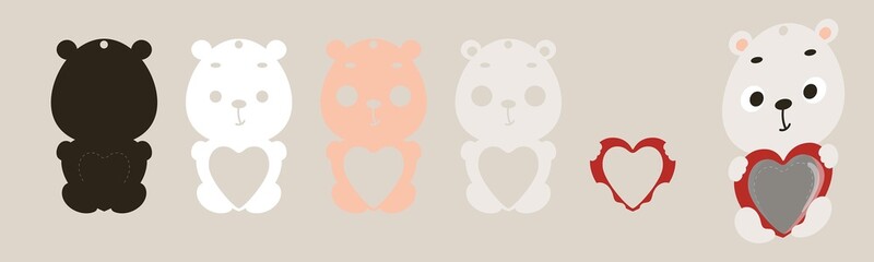 Cute polar bear candy ornament. Layered paper decoration treat holder for dome. Hanger for sweets, candy for birthday, baby shower, valentine days. Print, cut out, glue. Vector stock illustration