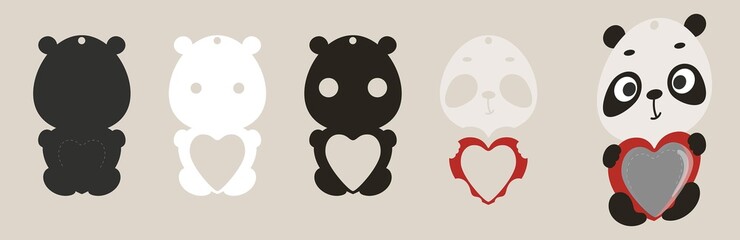 Cute panda candy ornament. Layered paper decoration treat holder for dome. Hanger for sweets, candy for birthday, baby shower, valentine days. Print, cut out, glue. Vector stock illustration