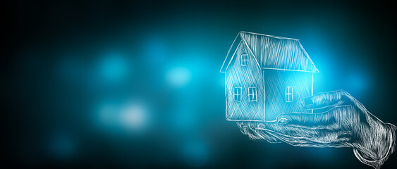 hand over the house by hand. hand drawn