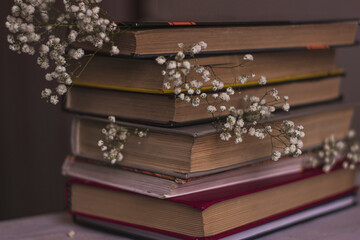 a stack of books with a gypsophila decor