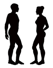 Male and female stands sideways. Vector drawing