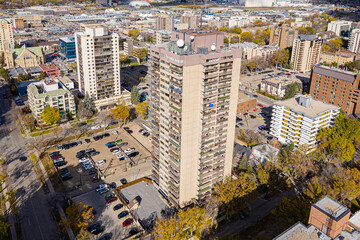 Aerial view of the downtown area of Saskatoon, Saskatchewan, Canada