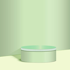 Display product podium. 3D realistic soft green shape platform witht studio room backdrop.