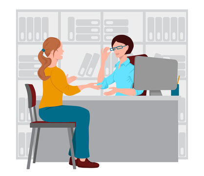 Female manager is sitting at a table. Woman is sitting on a chair. The girl communicates with the supervisor. Discussion between the boss and the subordinate. Vector illustration in flat style