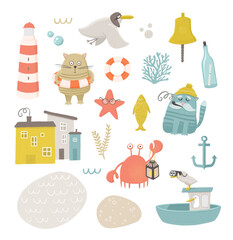 Cute nautical animals. Funny cartoon sea kids character clip art