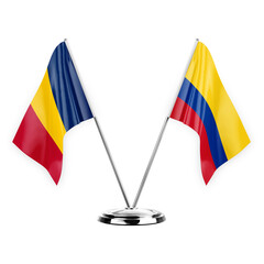 Two table flags isolated on white background 3d illustration, chad and colombia