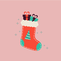 Christmas stocking with presents, winter sock to holiday illustration.