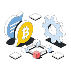 Gears system cryptocurrency, chat bubble bitcoin symbol. Vector 3d line isometric, color web icons, new flat style. Creative illustration, design idea for infographics.