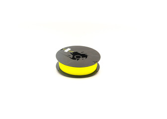 Brand new spool of yellow braided fishing line polyethylene braid fiber isolated on white