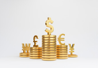 Isolate of main currency on golden coin stacking include dollar euro pound sterling yen yuan and won on white background for currency exchange concept by 3d rendering. - obrazy, fototapety, plakaty