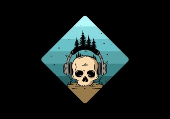 Skull head with headphone and pine trees illustration