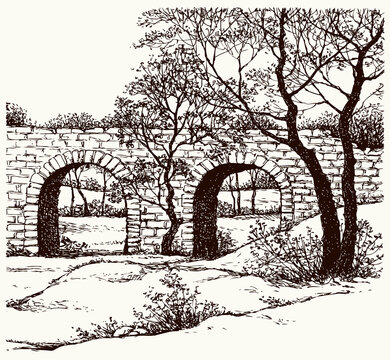Vector landscape. Old stone bridge in the park