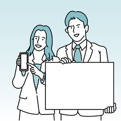 스타트업 세일즈를 애플로 소개하는 남녀 일러스트 벡터 삽화