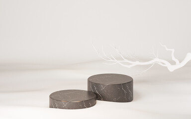 Minimal scene with marble podium and white dry tree twigs on white sand. Trendy 3d render for  product presentation, social media banners, promotion.
