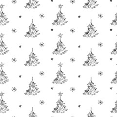 Simple seamless vector pattern with New Year Trees - hand-drawn doodles. Black lines on white background. Wrapping design.
