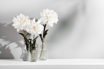 Fototapeta na wymiar Elegant white peonies flowers on table wall background. Template for text or artwork, trendy shadows