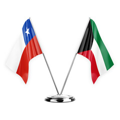 Two table flags isolated on white background 3d illustration, chile and kuwait