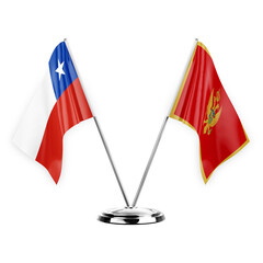 Two table flags isolated on white background 3d illustration, chile and montenegro