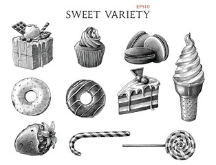 Sweet variety hand draw vintage engraving style black and white clipart isolated on white background - 477136540