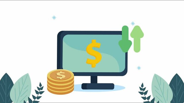 ecommerce animation with desktop and coins