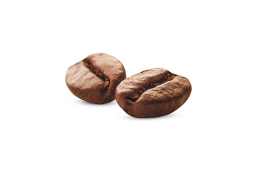 Two roasted coffee beans isolated on white background.