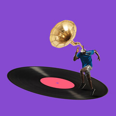 Contemporary art collage of athlete with trumpet heaad running on vinyl record isolated over purple background
