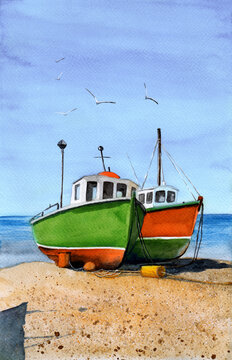 Watercolor picture of two colorful fishing boats on a sandy seashore with blue sea and sky in the background 
