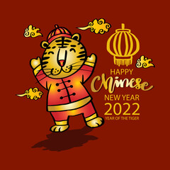 Happy Chinese New Year 2022. Cartoon cute tiger. Greeting card concept.