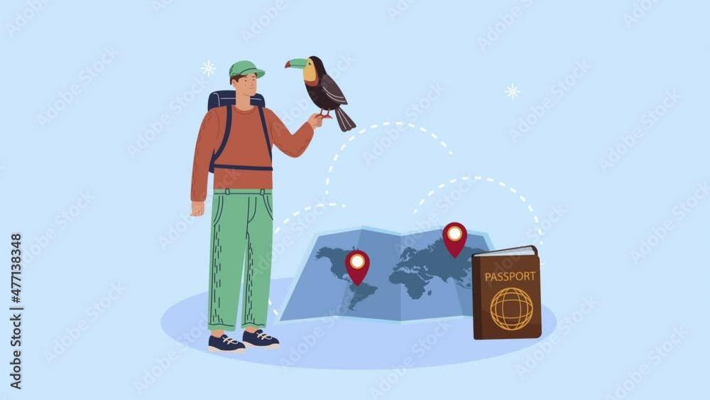 Poster male camper with toucan and paper map animation