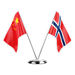 Two table flags isolated on white background 3d illustration, china and norway