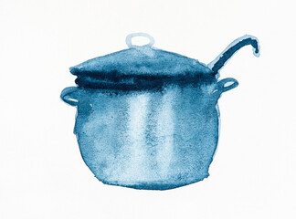 sketch of saucepan with ladle covered with lid drawn by watercolor on white textured paper - obrazy, fototapety, plakaty