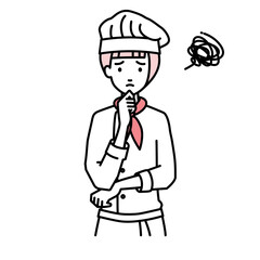 Obraz premium 立って手をあごにあてて困っている調理師の女性