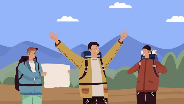 group of male campers characters animation