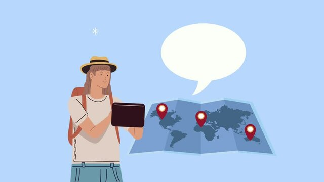 female camper with paper map and speech bubble
