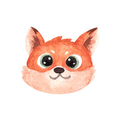 Face or head of cute fox. Muzzle of wild forest animal isolated on white background. Watercolor illustration in cartoon style for children