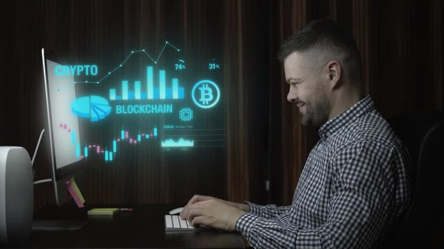 Man working with crypto currency data on desktop computer