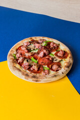 Delicious Contemporary Classic Food Pizza Dish Plate Menu Lunch Dinner Gourmet Dessert Chef Pasta Shrimp Cocktail Drink on Color Background