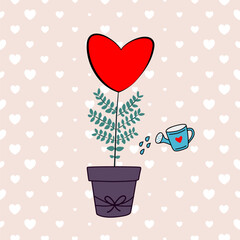 illustration of a red heart shape plant in a purple pot, green leaves and gardening watering pot on heart shape pattern background
