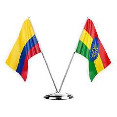 Two table flags isolated on white background 3d illustration, colombia and ethiopia