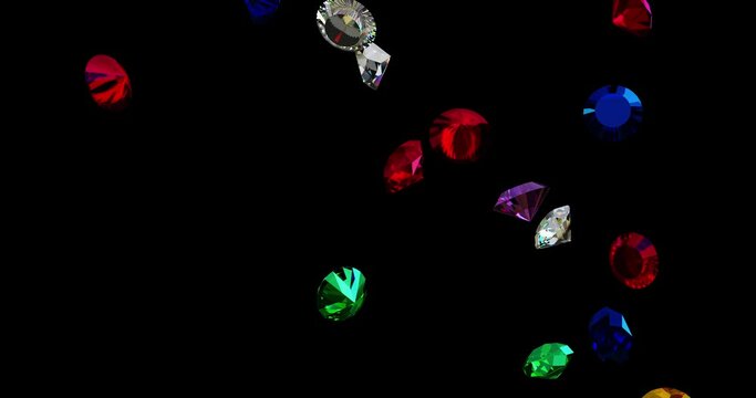 3d animation of a smooth fall, flight, scattering of diamonds, crystals, jewelry, shiny, sparkling, precious stones.