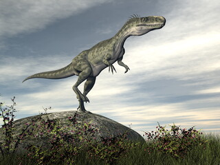 Monolophosaurus dinosaur on a rock - 3D render